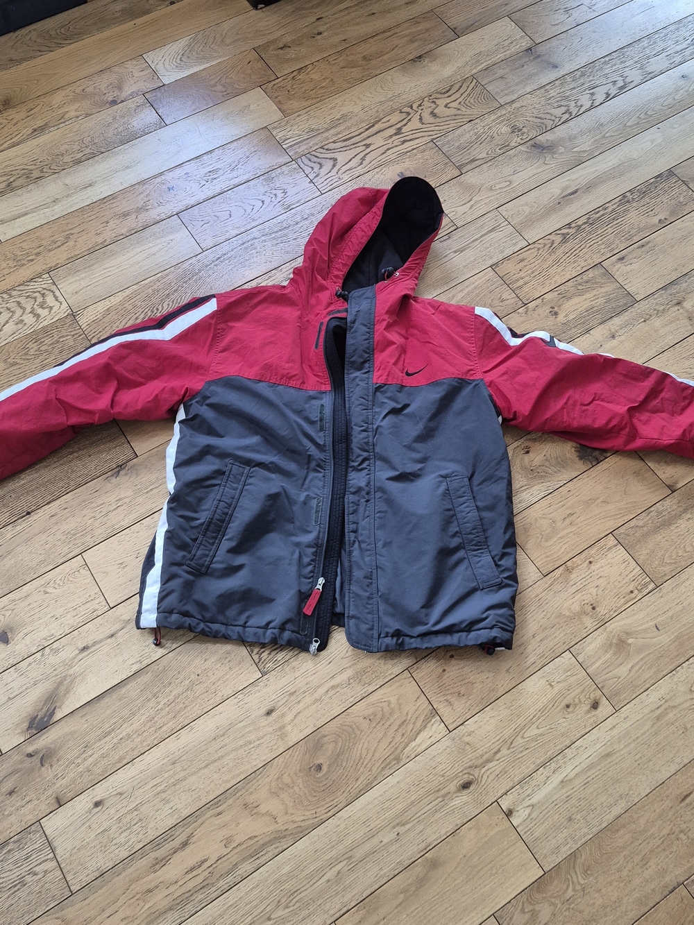 Vtg Y2K Nike Hooded Jacket Men’s L Red Gray Fleece Lined Swoosh